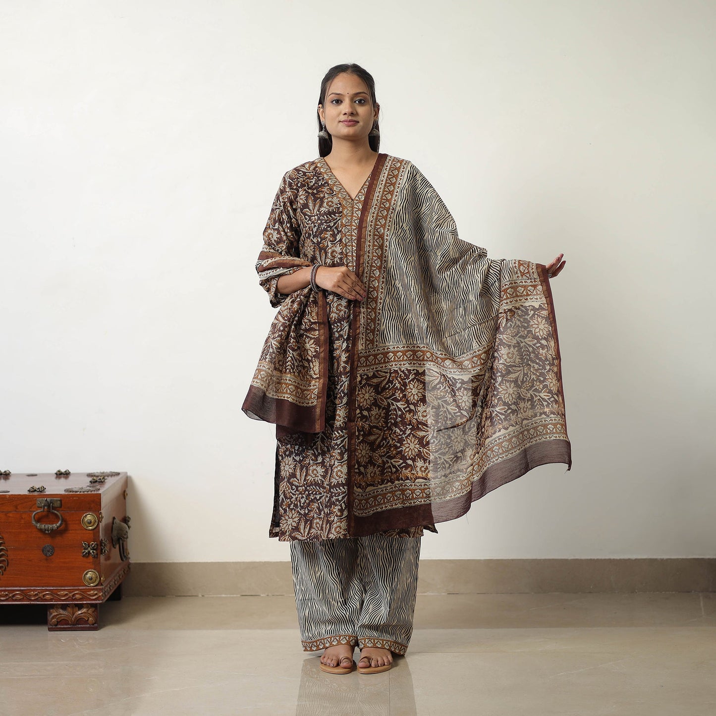  Brown Chanderi Silk Hand Block Bagru Print Kurta Set