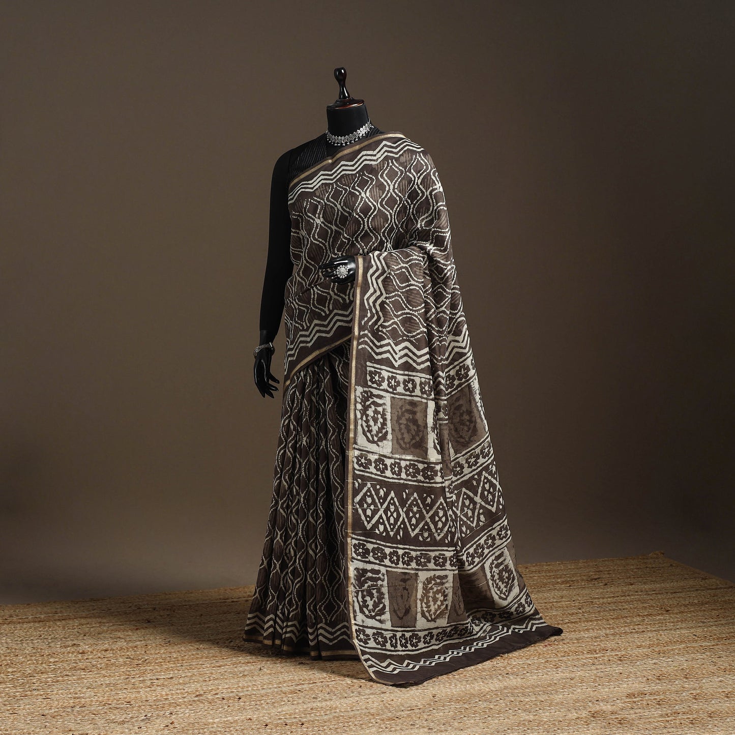 Brown - Chanderi Silk Hand Block Print Bagru Saree with Zari Border 15