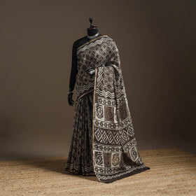 Brown - Chanderi Silk Hand Block Print Bagru Saree with Zari Border 15