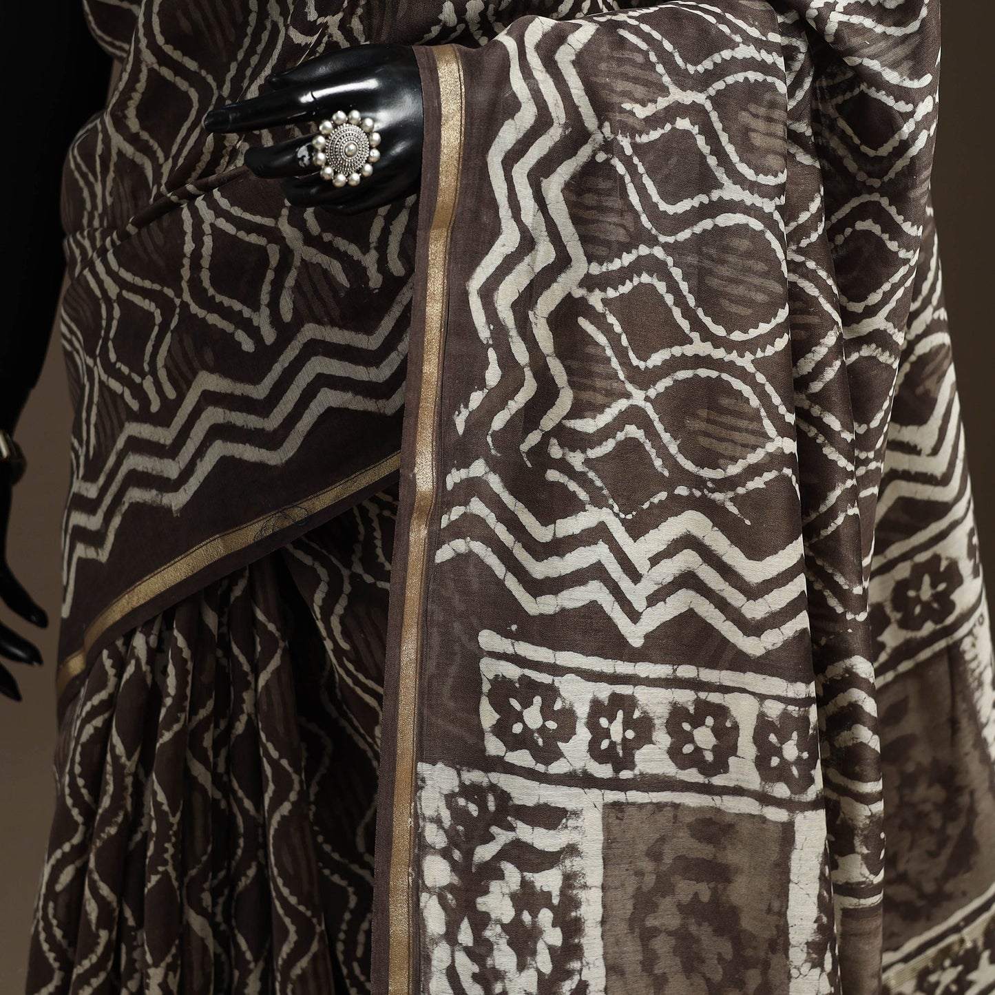 Brown - Chanderi Silk Hand Block Print Bagru Saree with Zari Border 15