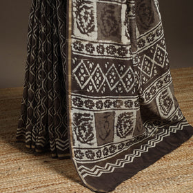 Brown - Chanderi Silk Hand Block Print Bagru Saree with Zari Border 15