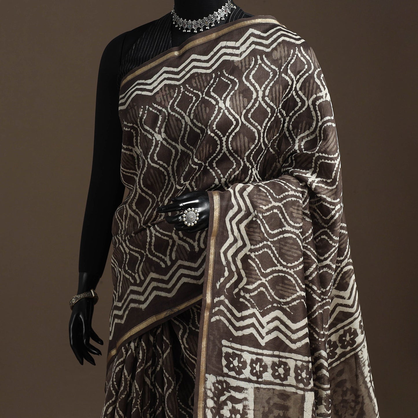 Brown - Chanderi Silk Hand Block Print Bagru Saree with Zari Border 15