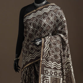 Brown - Chanderi Silk Hand Block Print Bagru Saree with Zari Border 15