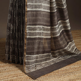 Brown - Chanderi Silk Hand Block Print Bagru Saree with Zari Border 19