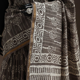 Brown - Chanderi Silk Hand Block Print Bagru Saree with Zari Border 19