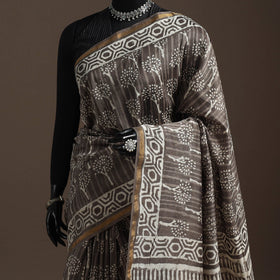 Brown - Chanderi Silk Hand Block Print Bagru Saree with Zari Border 19