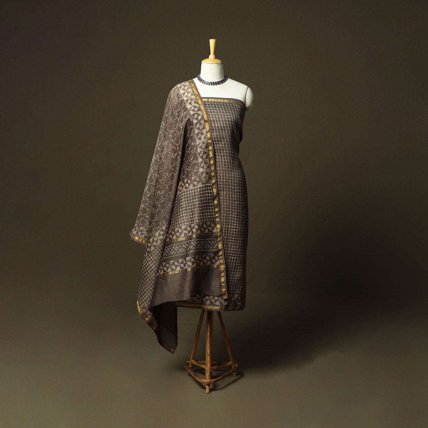 Chanderi silk hand block bagru print 3pc unstitched dress