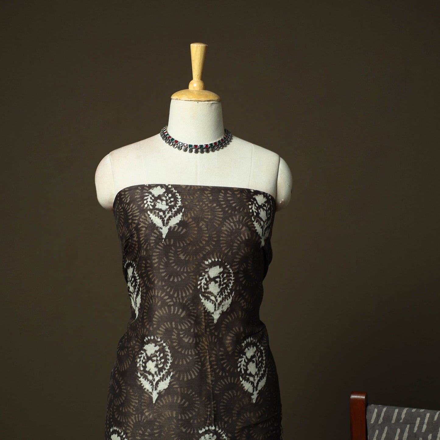 Chanderi silk hand block bagru print 3pc unstitched dress
