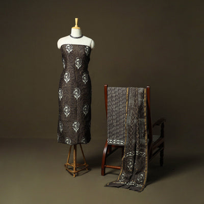 Chanderi silk hand block bagru print 3pc unstitched dress