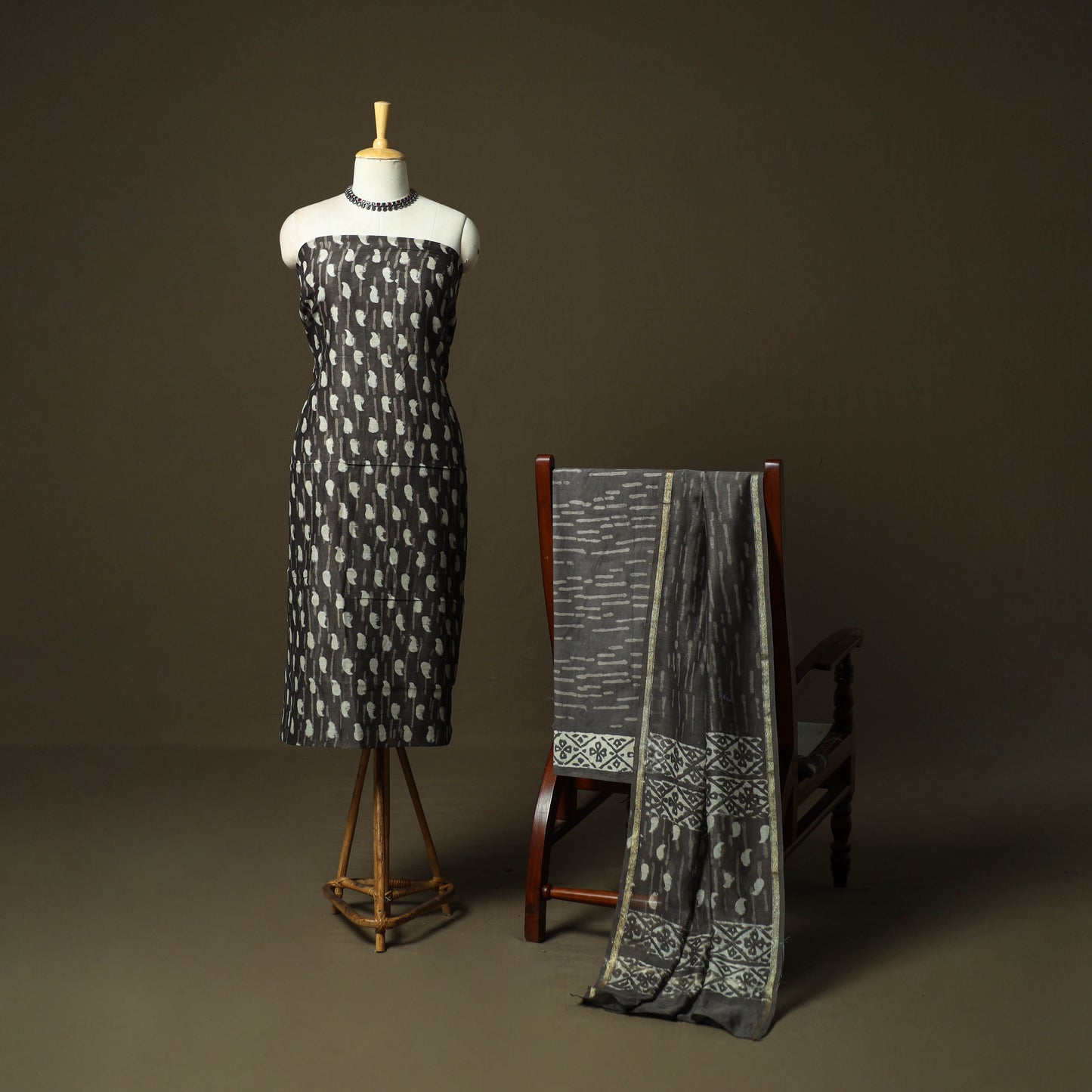 Chanderi silk hand block bagru print 3pc unstitched dress