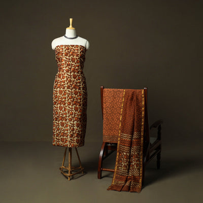 Chanderi silk hand block bagru print 3pc unstitched dress