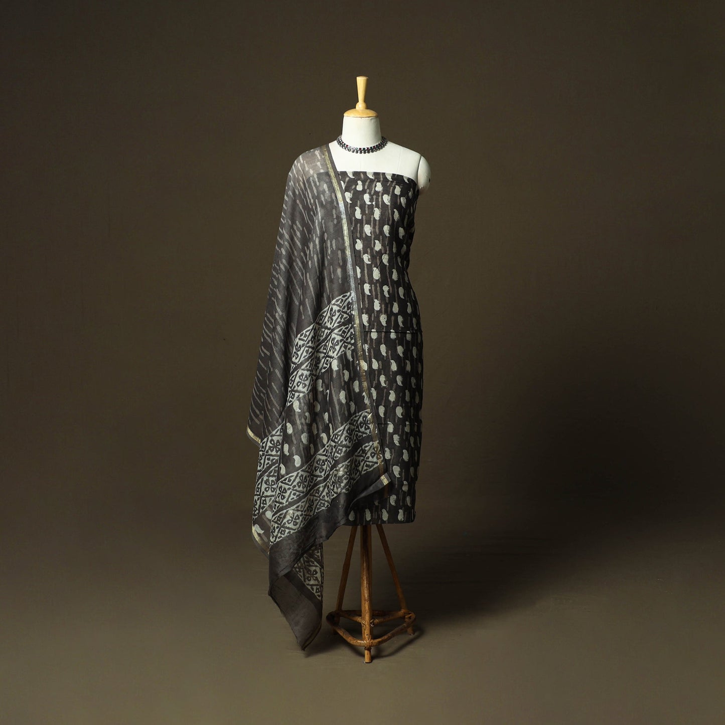 Chanderi silk hand block bagru print 3pc unstitched dress