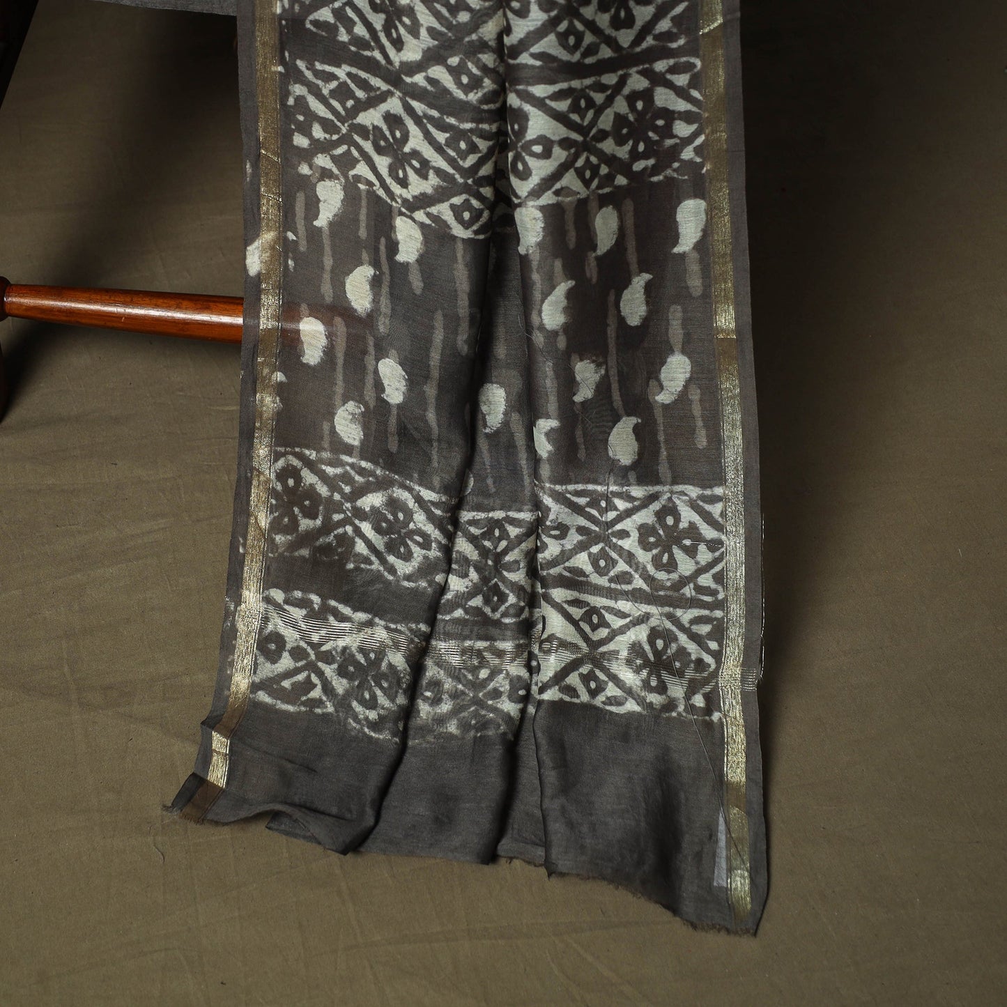 Chanderi silk hand block bagru print 3pc unstitched dress
