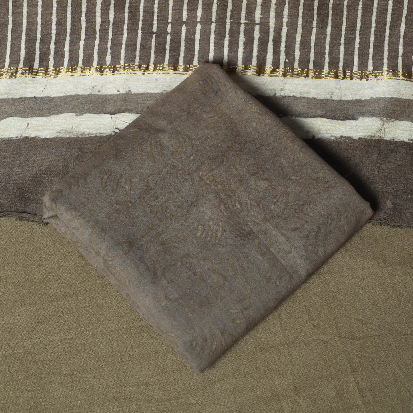 Chanderi silk hand block bagru print 3pc unstitched dress