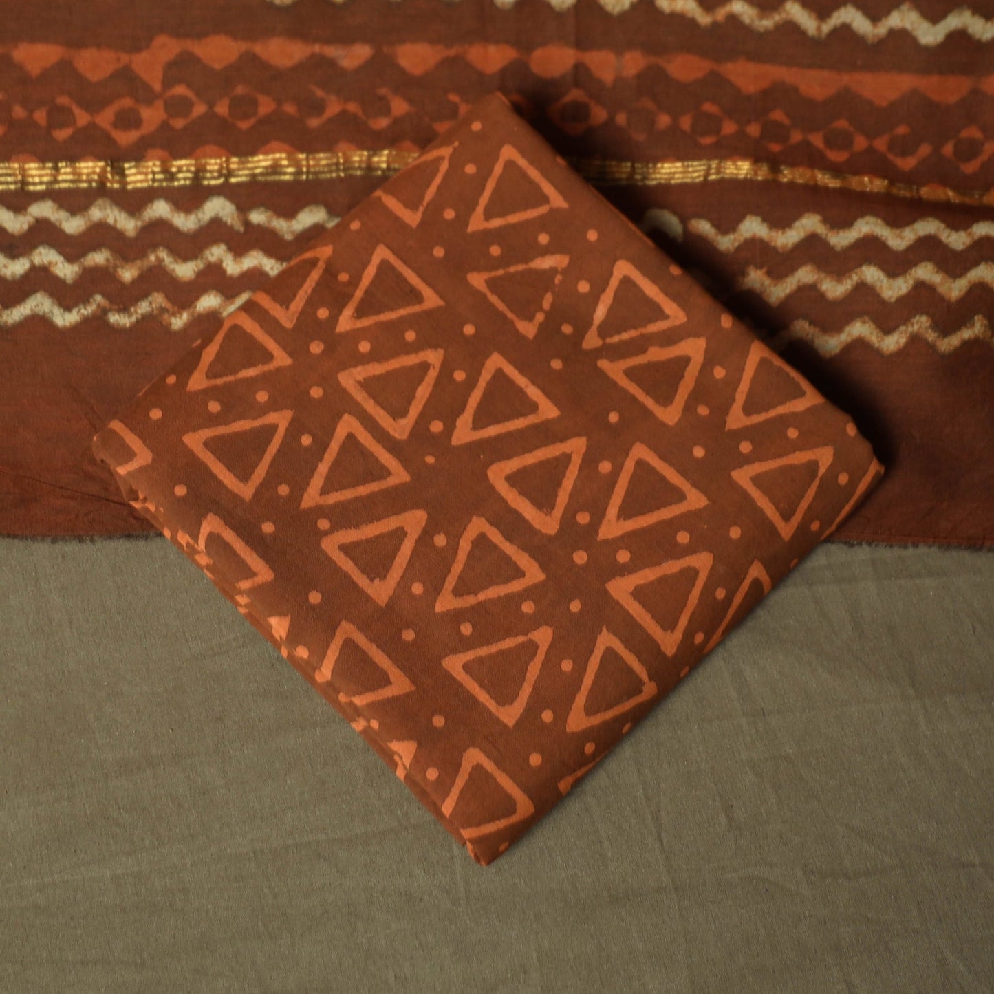 Chanderi silk hand block bagru print 3pc unstitched dress