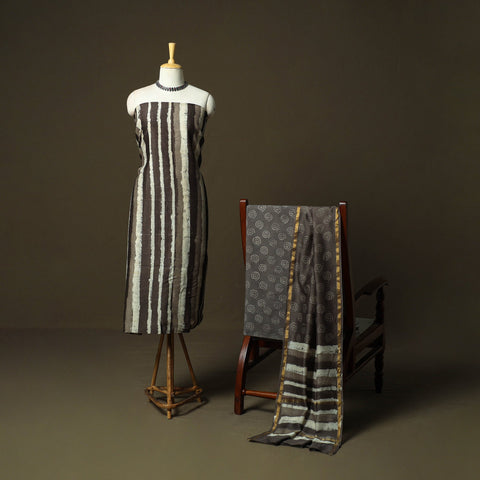Chanderi silk hand block bagru print 3pc unstitched dress