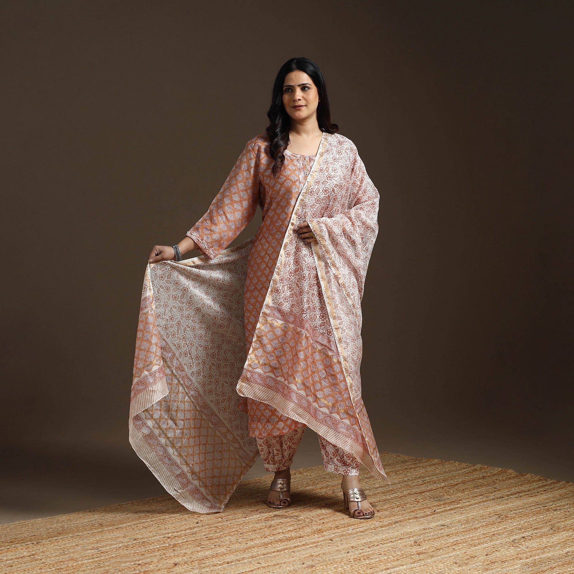 Brown Chanderi Silk Hand Embroidery Block Print Sanganeri Suit Set with ...