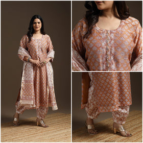 Brown - chanderi silk hand embroidery sanganeri suit set