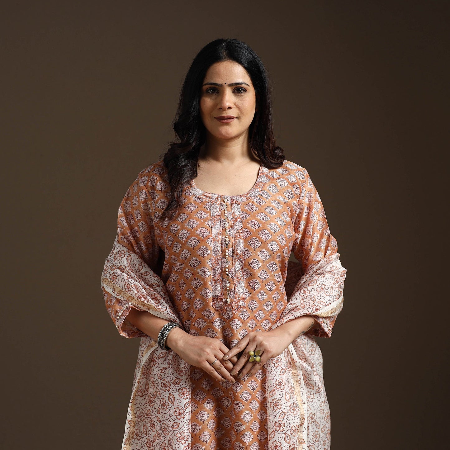 Brown - chanderi silk hand embroidery sanganeri suit set