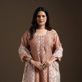 Brown - chanderi silk hand embroidery sanganeri suit set