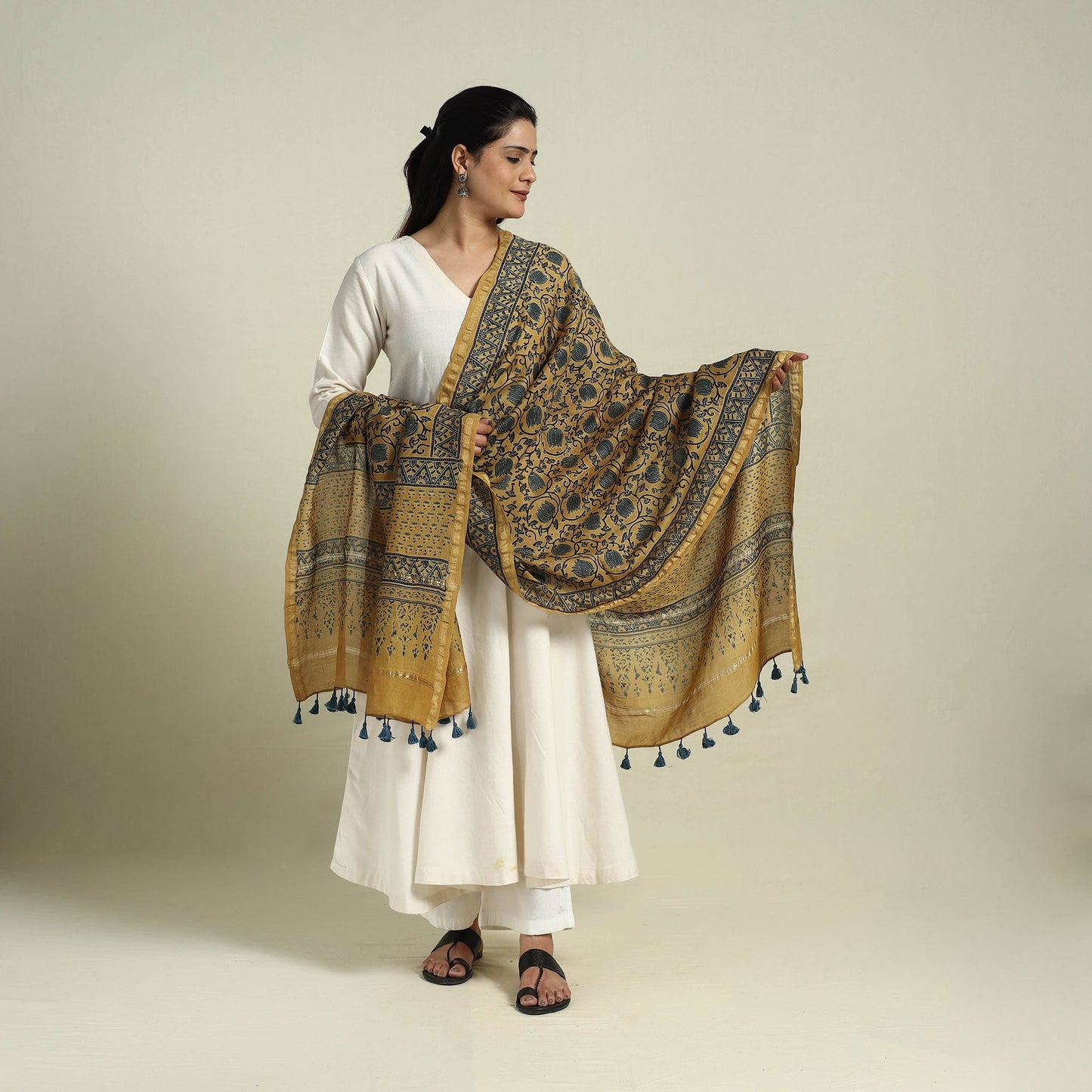 Buy Brown Block Print Chanderi Silk Handloom Ajrakh Dupatta