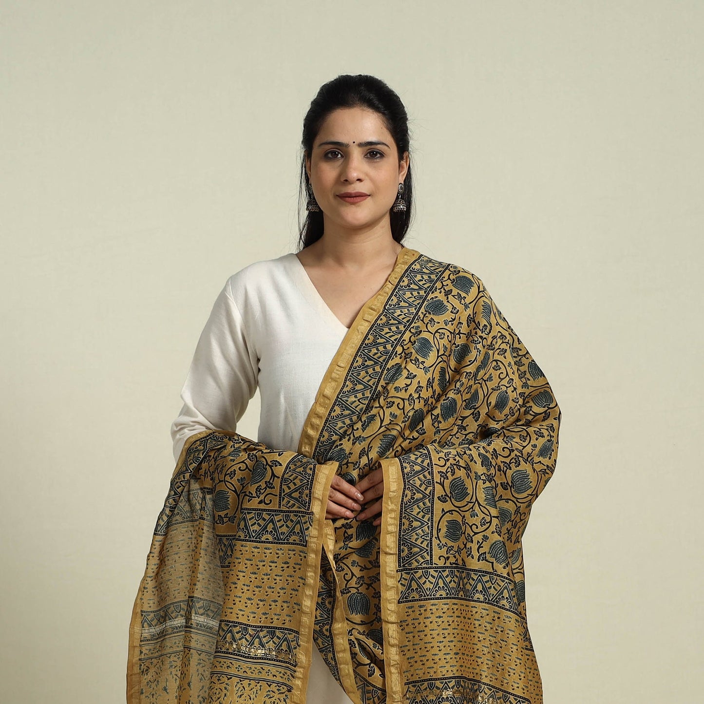 Buy Brown Block Print Chanderi Silk Handloom Ajrakh Dupatta