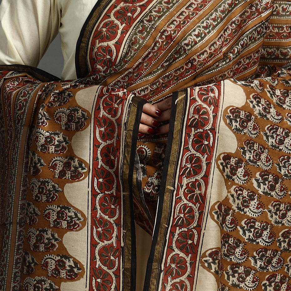 Brown Block Print Chanderi Silk Kalamkari Bagru Dupatta