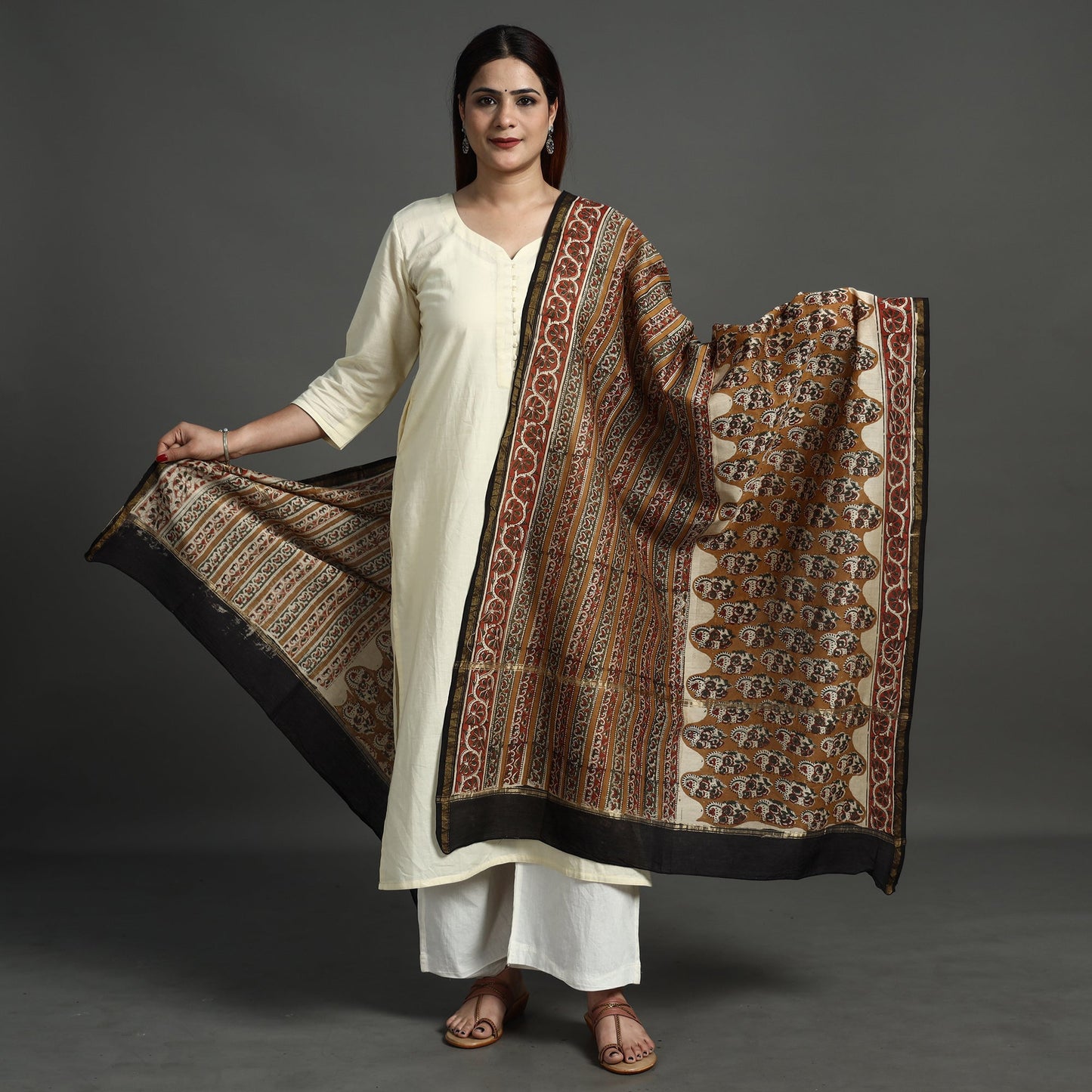 Brown Block Print Chanderi Silk Kalamkari Bagru Dupatta