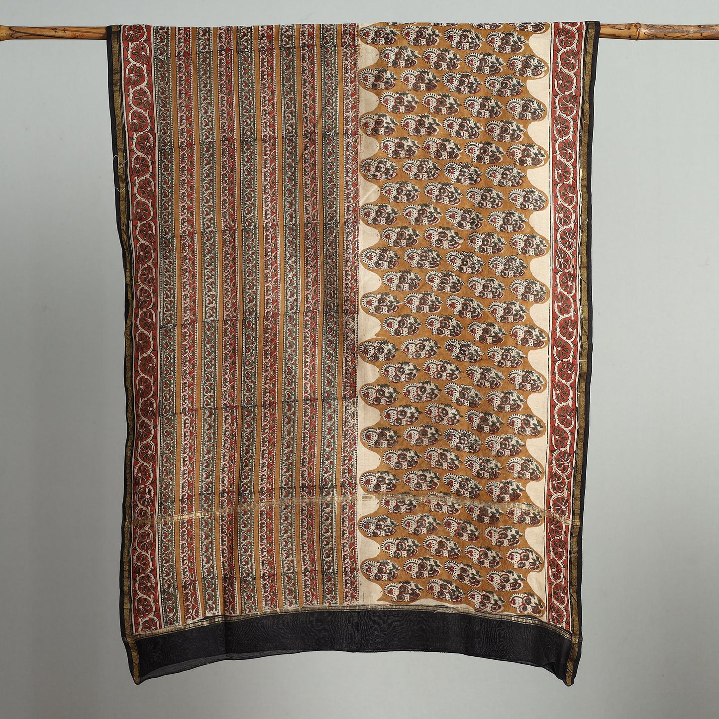 Brown Block Print Chanderi Silk Kalamkari Bagru Dupatta