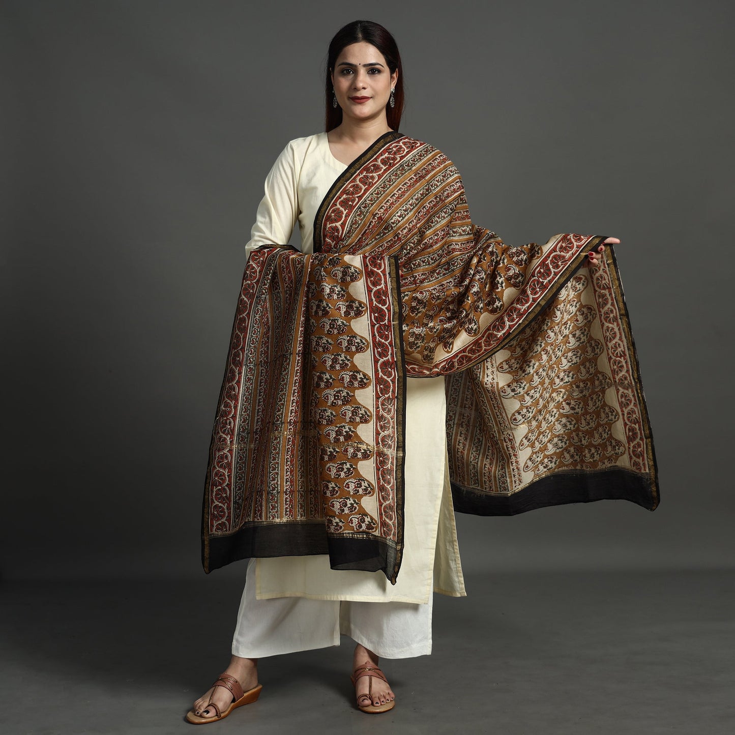 Brown Block Print Chanderi Silk Kalamkari Bagru Dupatta