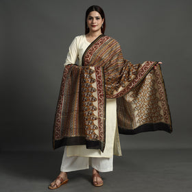 Brown Block Print Chanderi Silk Kalamkari Bagru Dupatta