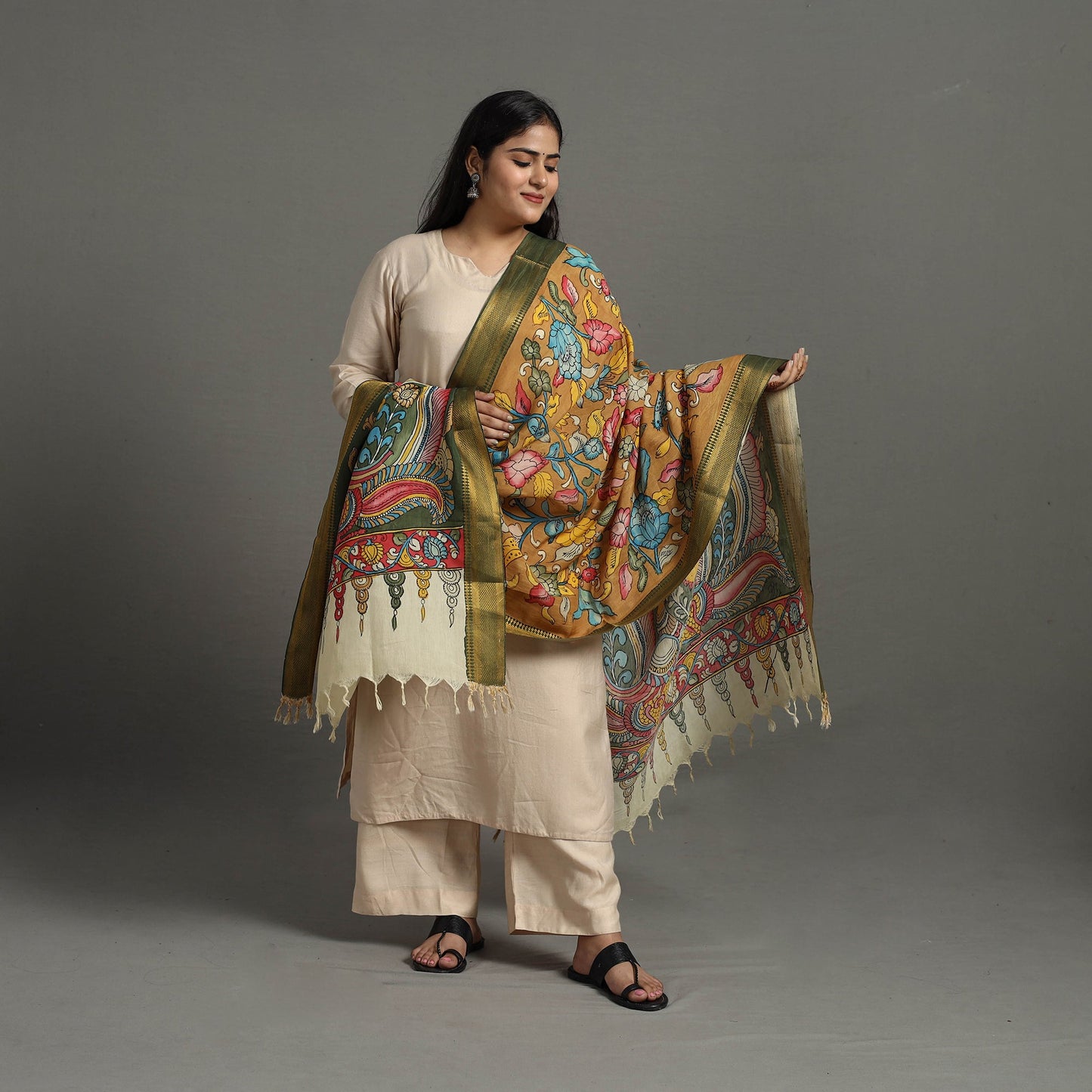 Brown - chanderi silk srikalahasti handpainted pen