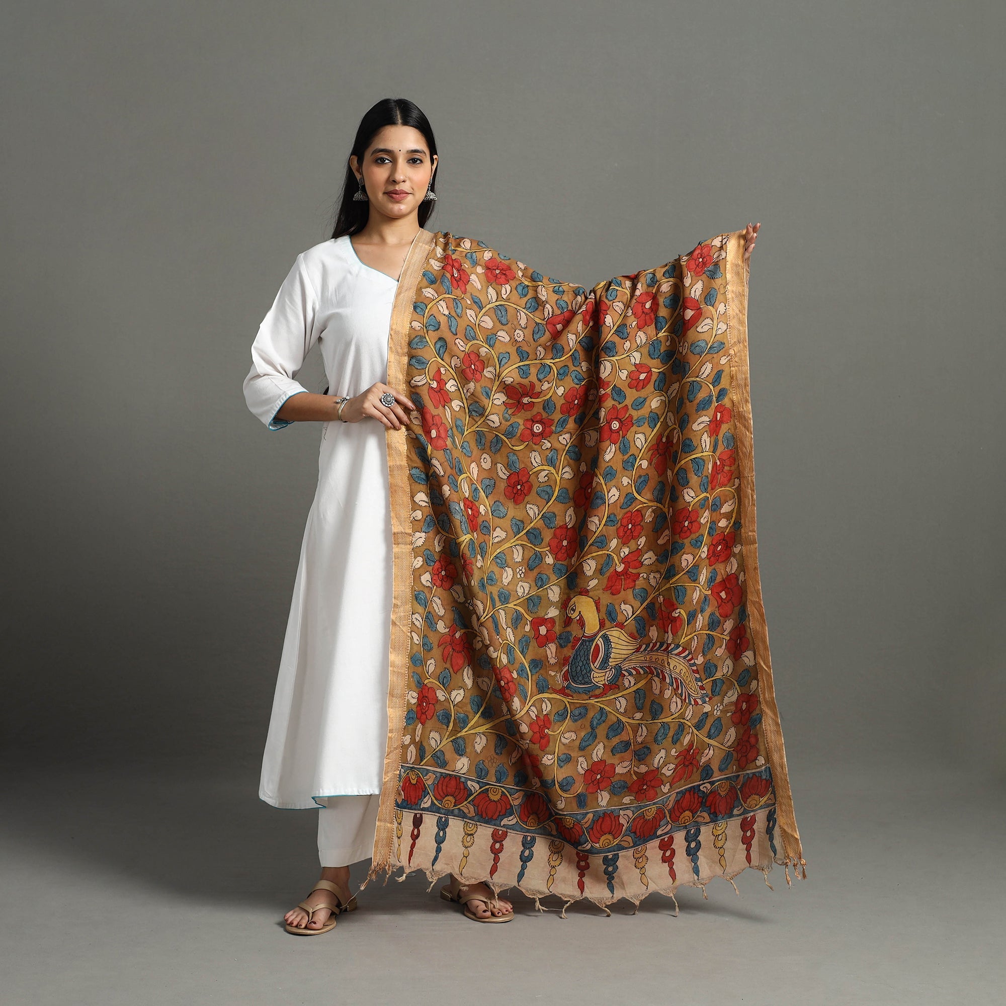 Brown - Srikalahasti Kalamkari Pen Work Handloom Chanderi Silk Natural Dyed Handpainted Dupatta 59