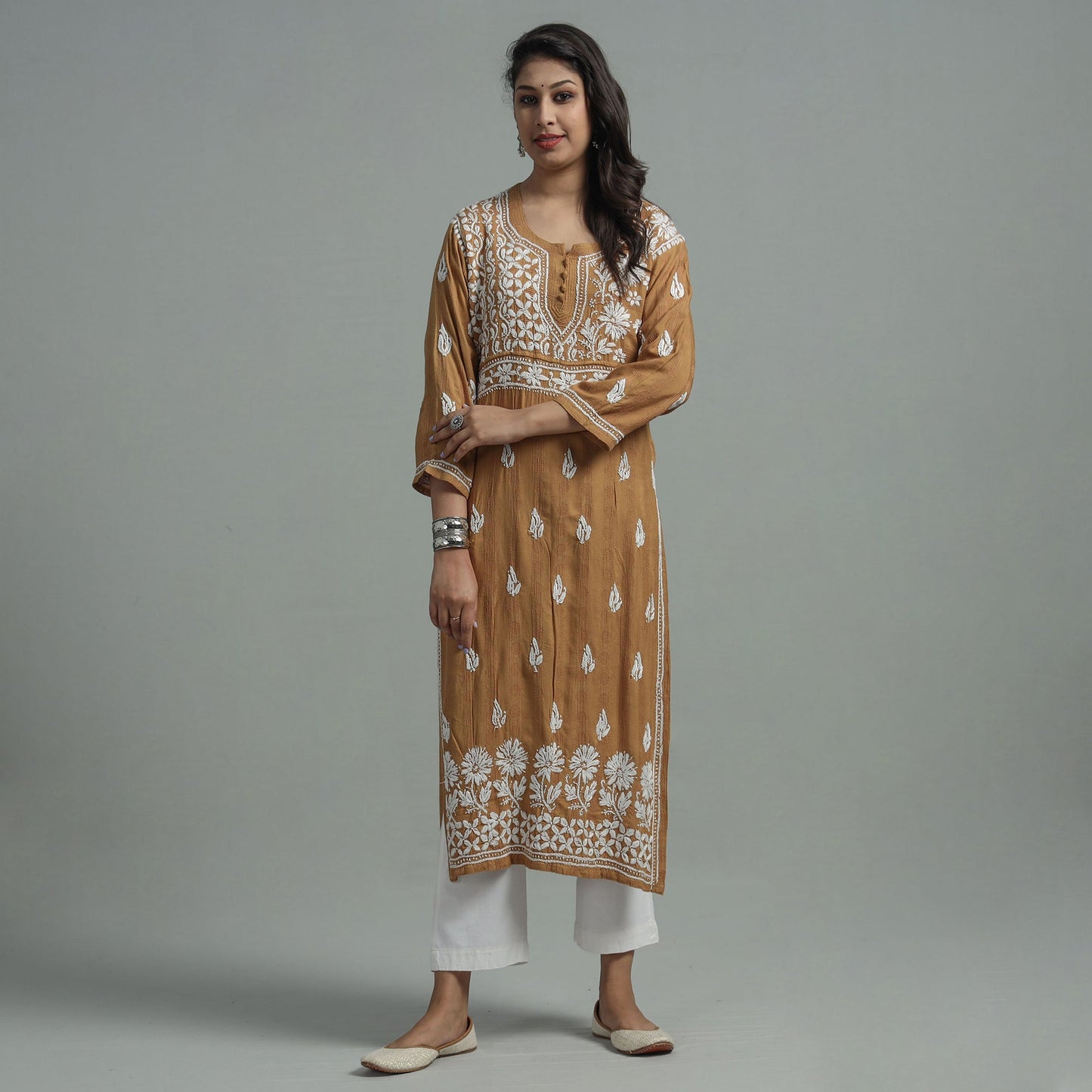 Chikankari Hand Embroidered Cotton Long Kurta for Women