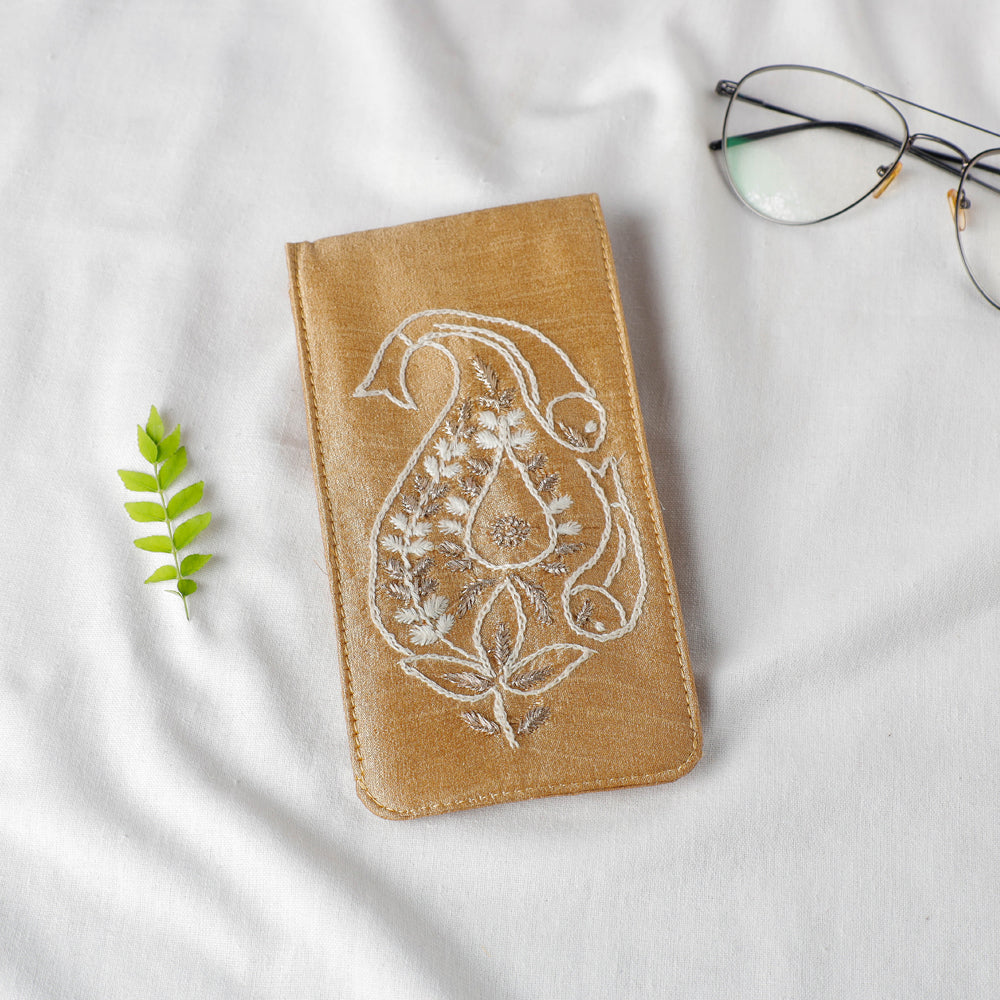 Brown Chikankari Zari Hand Embroidered Tussar Silk Sling Bag 