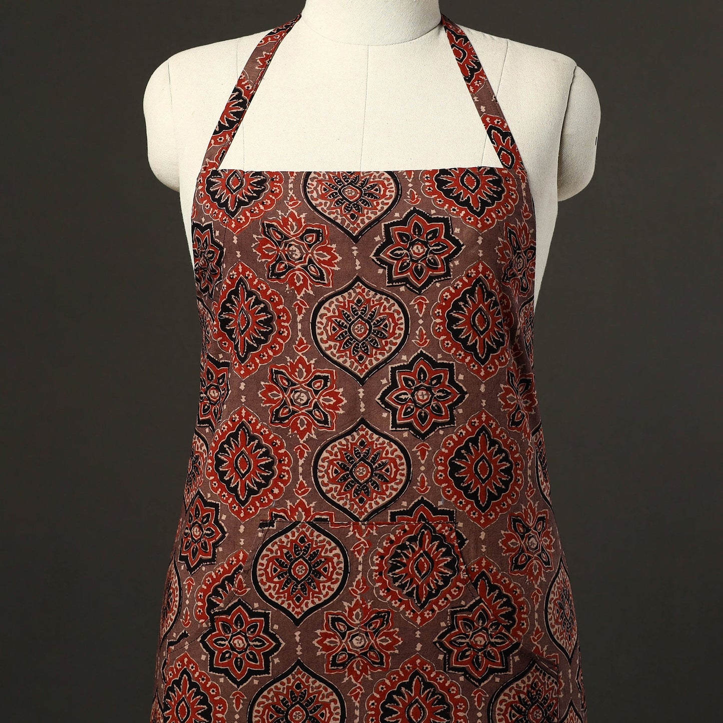 Brown Ajrakh Block Print Cotton Apron with Pocket