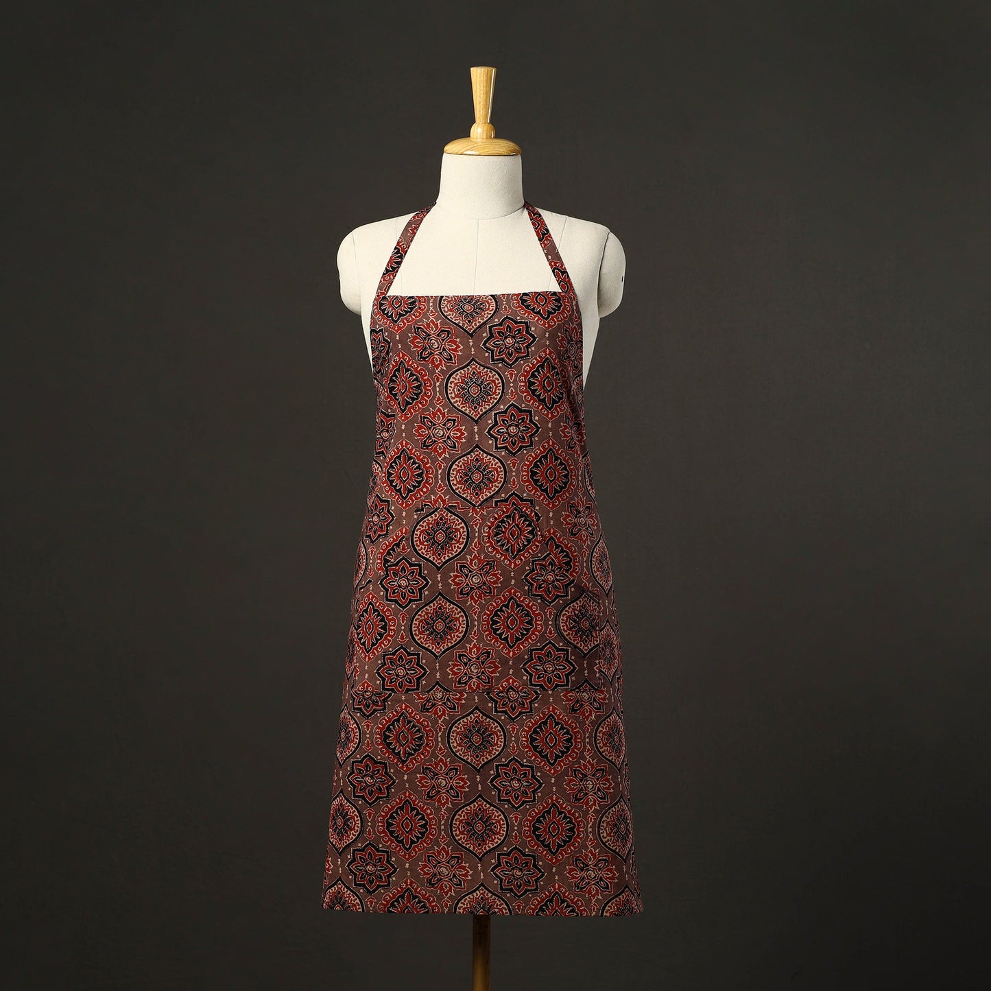 Brown Ajrakh Block Print Cotton Apron with Pocket