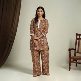  Brown Block Print Cotton Bagru Night Suit Set