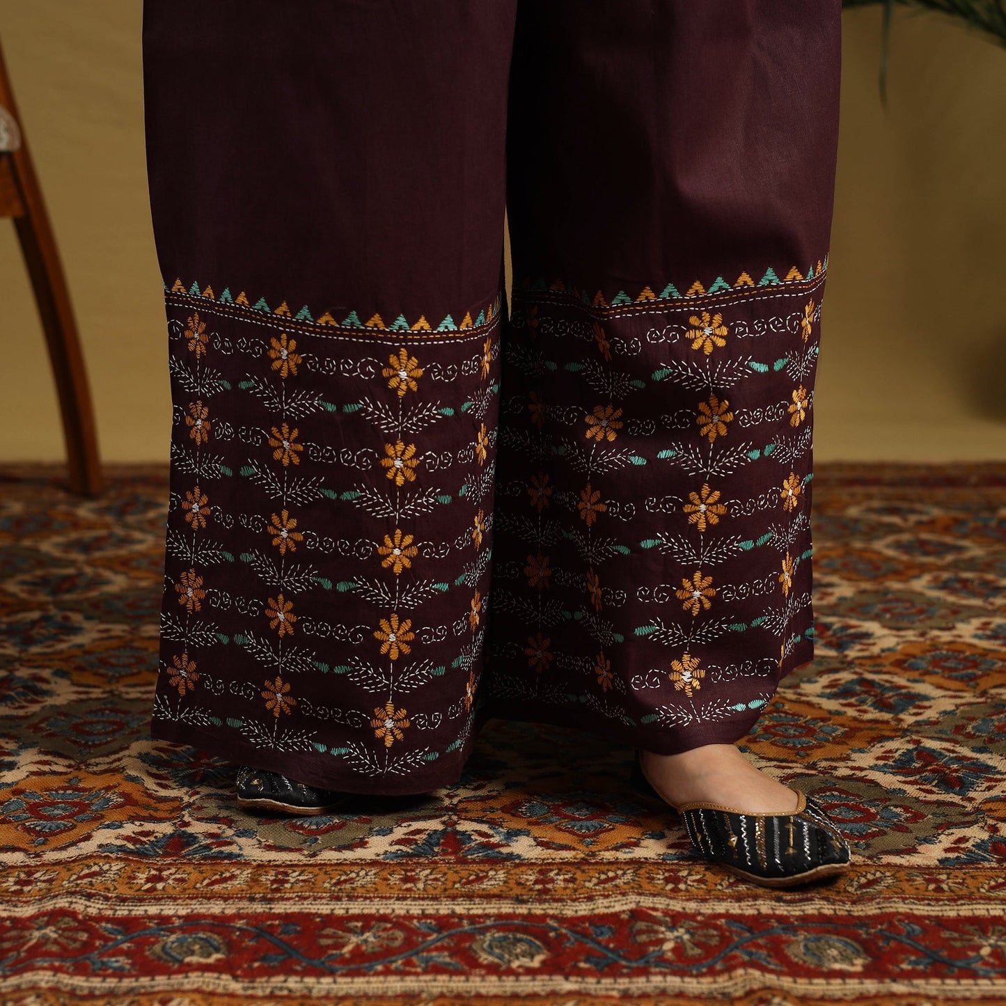 Buy Brown Cotton Bengal Kantha Hand Embroidery Palazzo