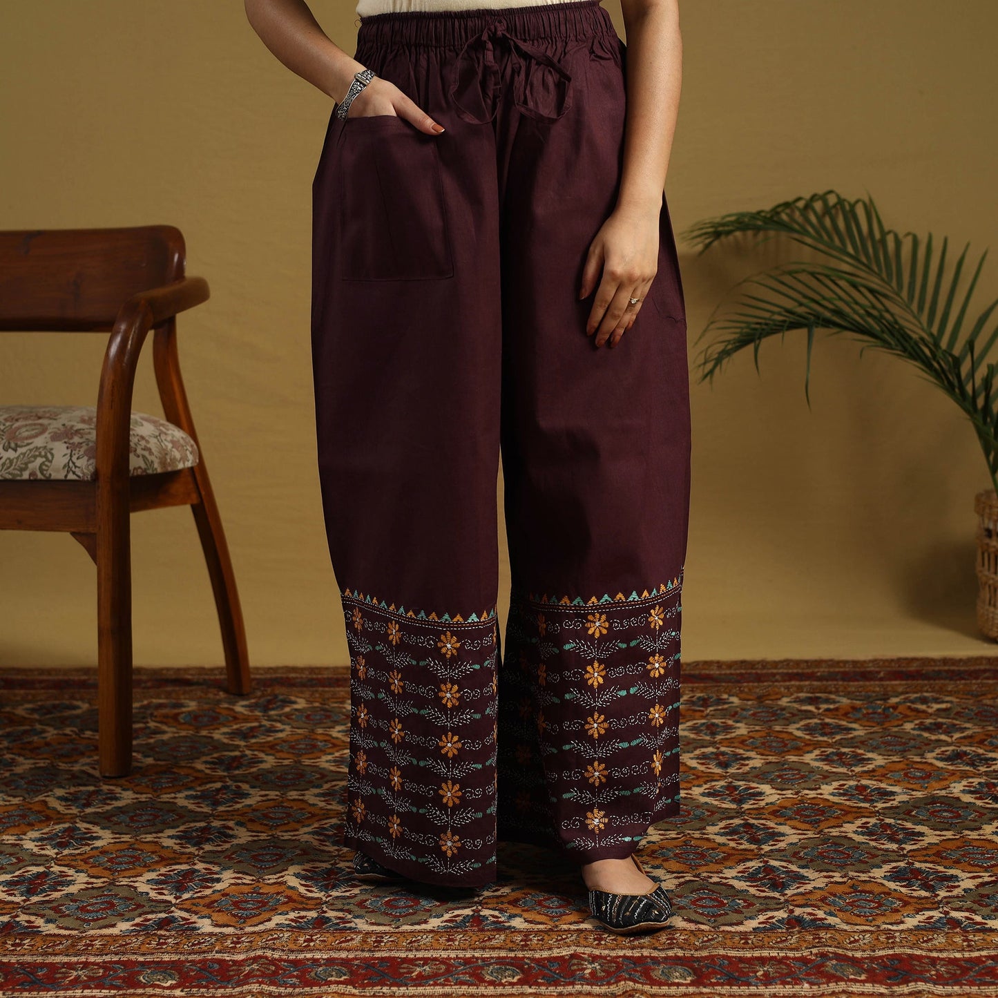 Buy Brown Cotton Bengal Kantha Hand Embroidery Palazzo