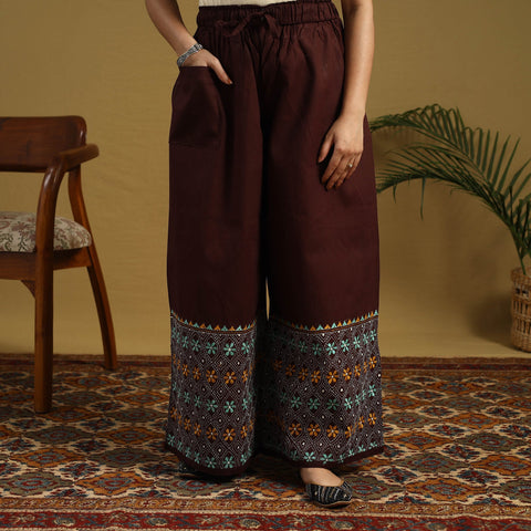  Brown Cotton Bengal Kantha Hand Embroidery Palazzo