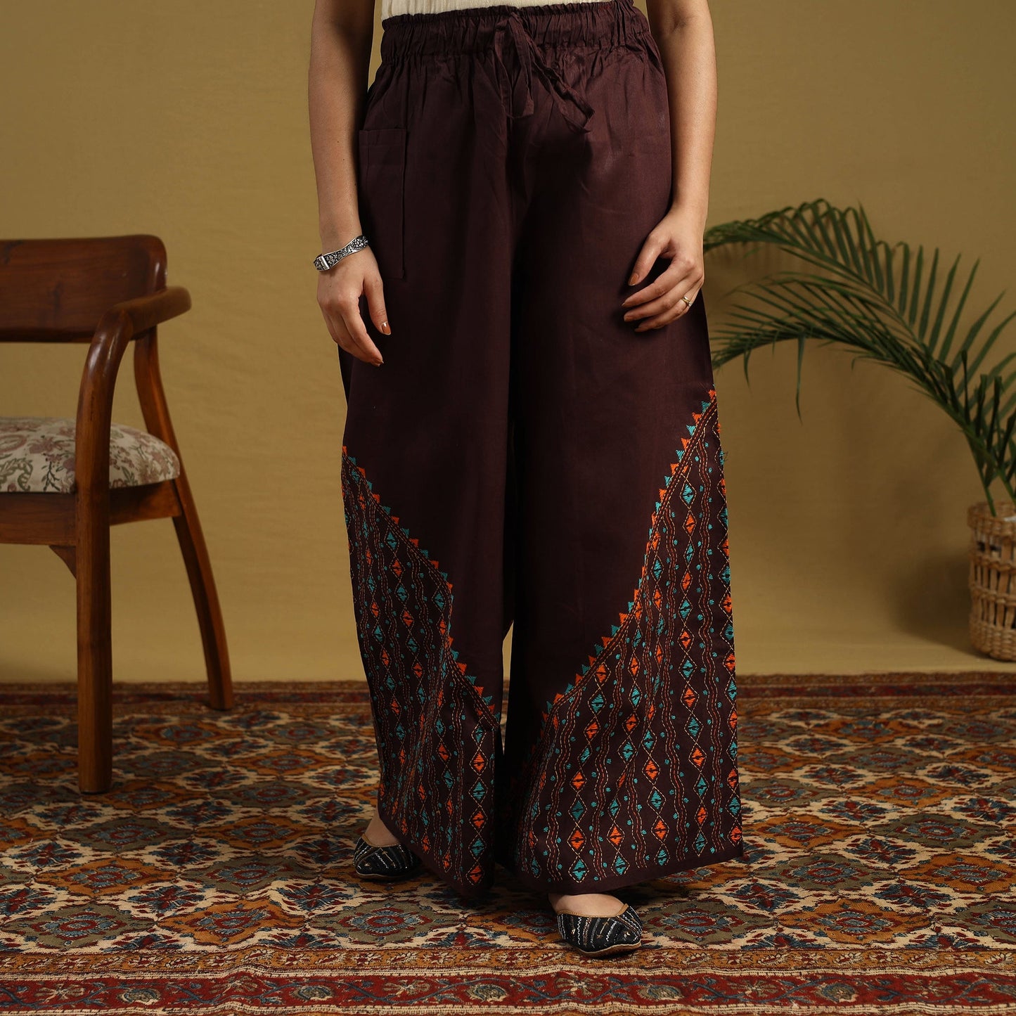 Brown - cotton bengal kantha hand embroidery palazzo 110