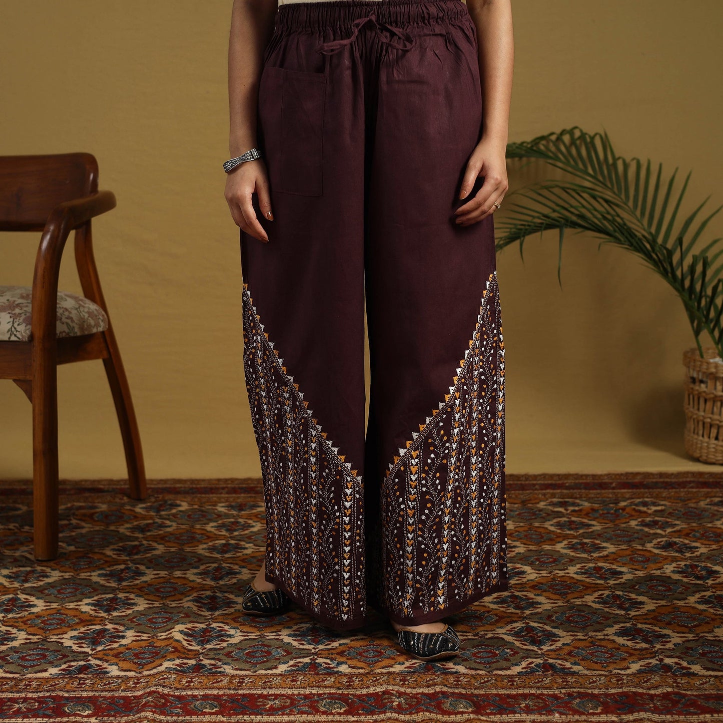 Brown - cotton bengal kantha hand embroidery palazzo 112