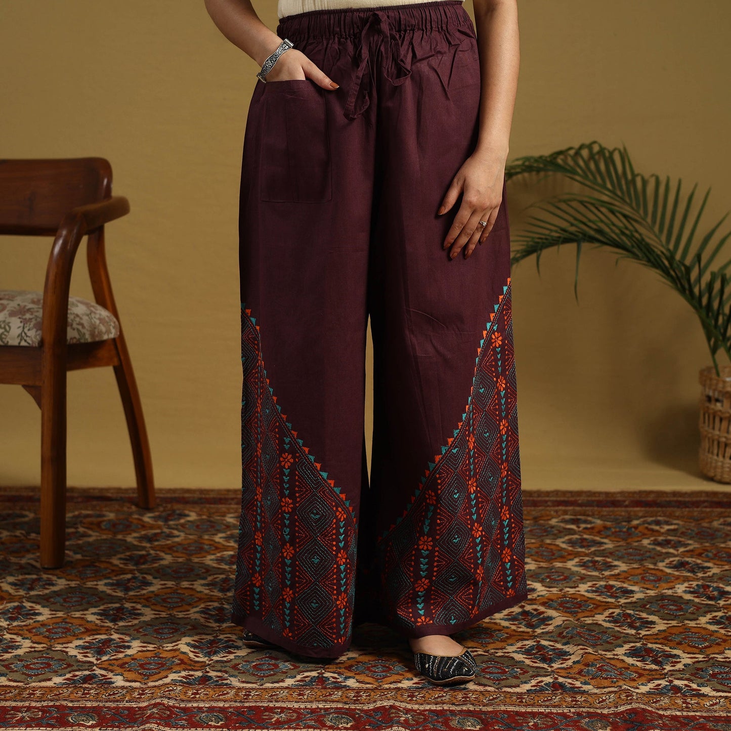 Buy Cotton Bengal Kantha Hand Embroidery Palazzo