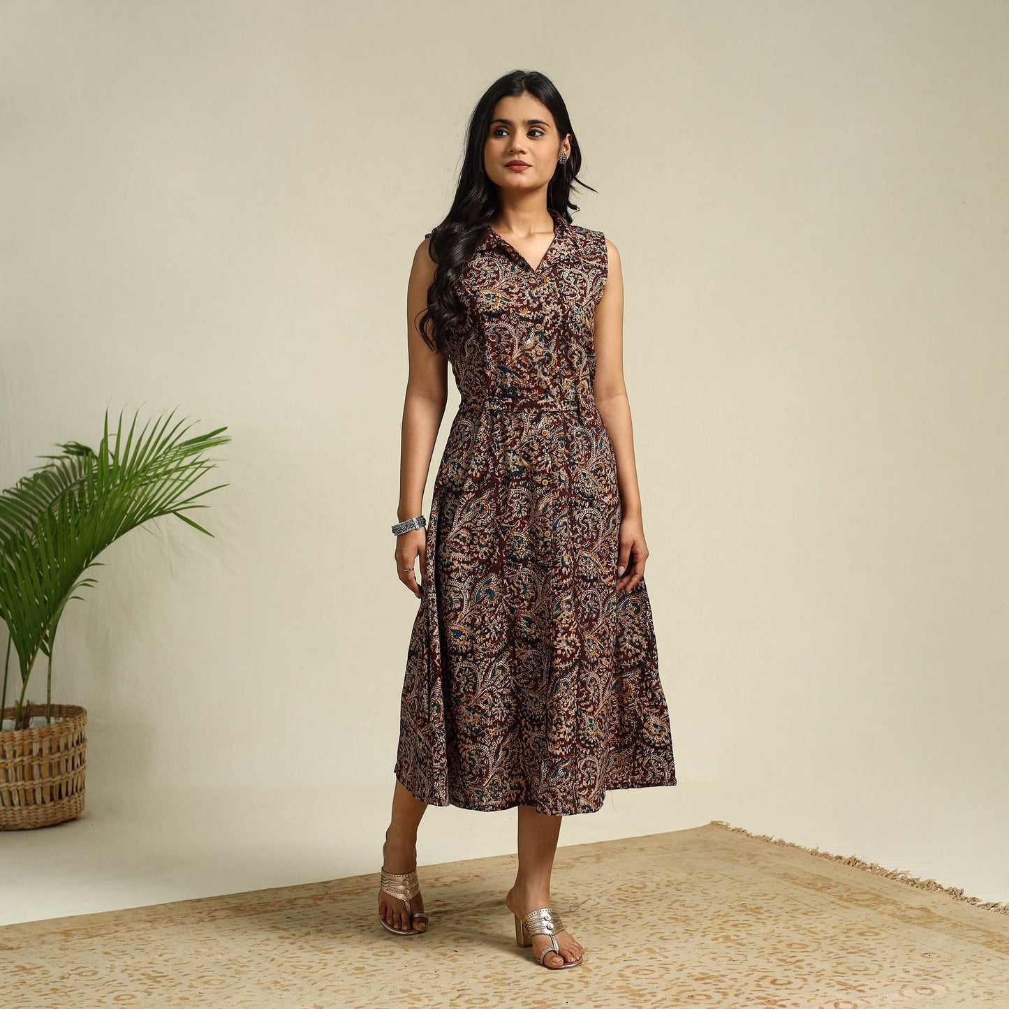 Brown Block Print Cotton Button Down Kalamkari Dress