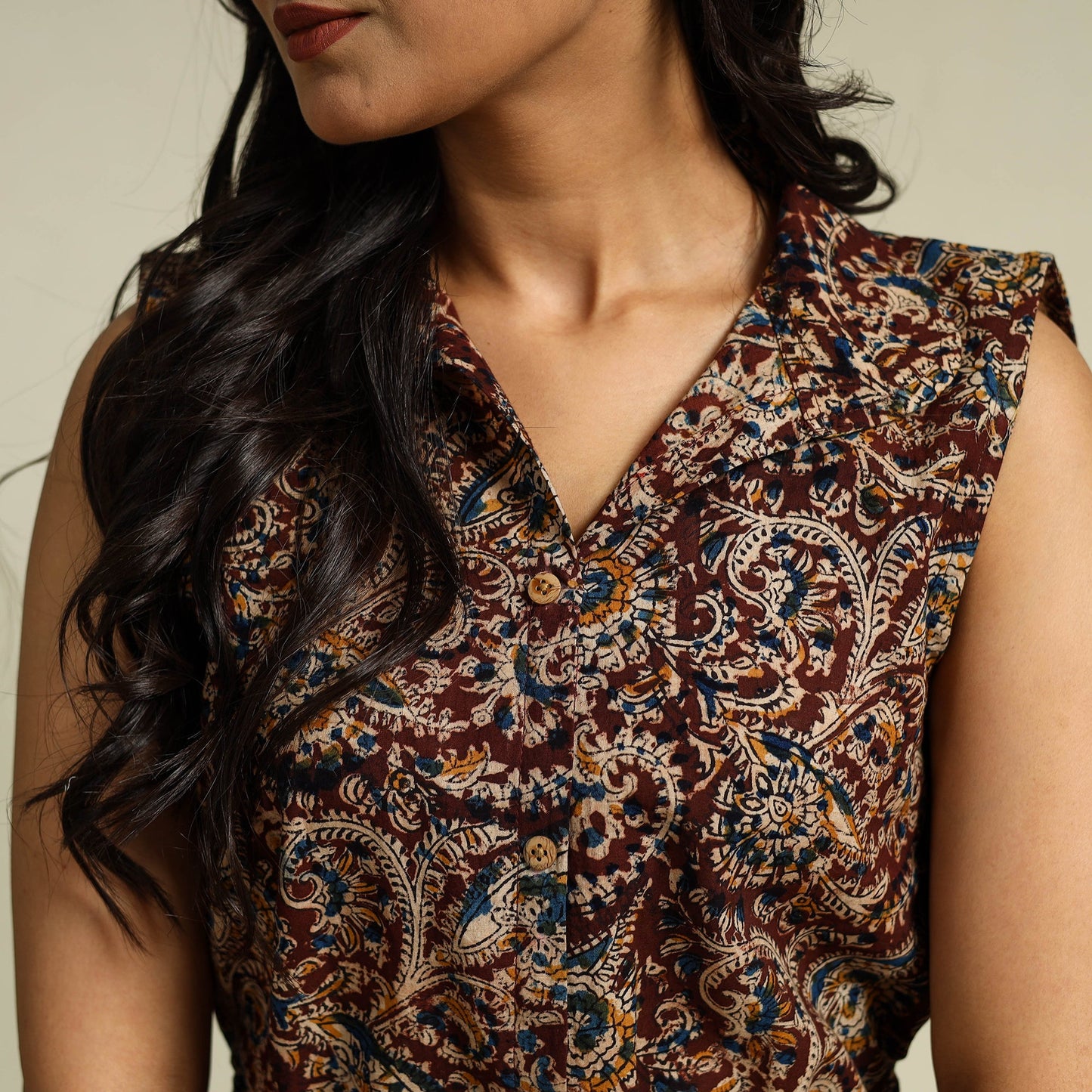 Brown Block Print Cotton Button Down Kalamkari Dress