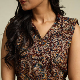 Brown Block Print Cotton Button Down Kalamkari Dress