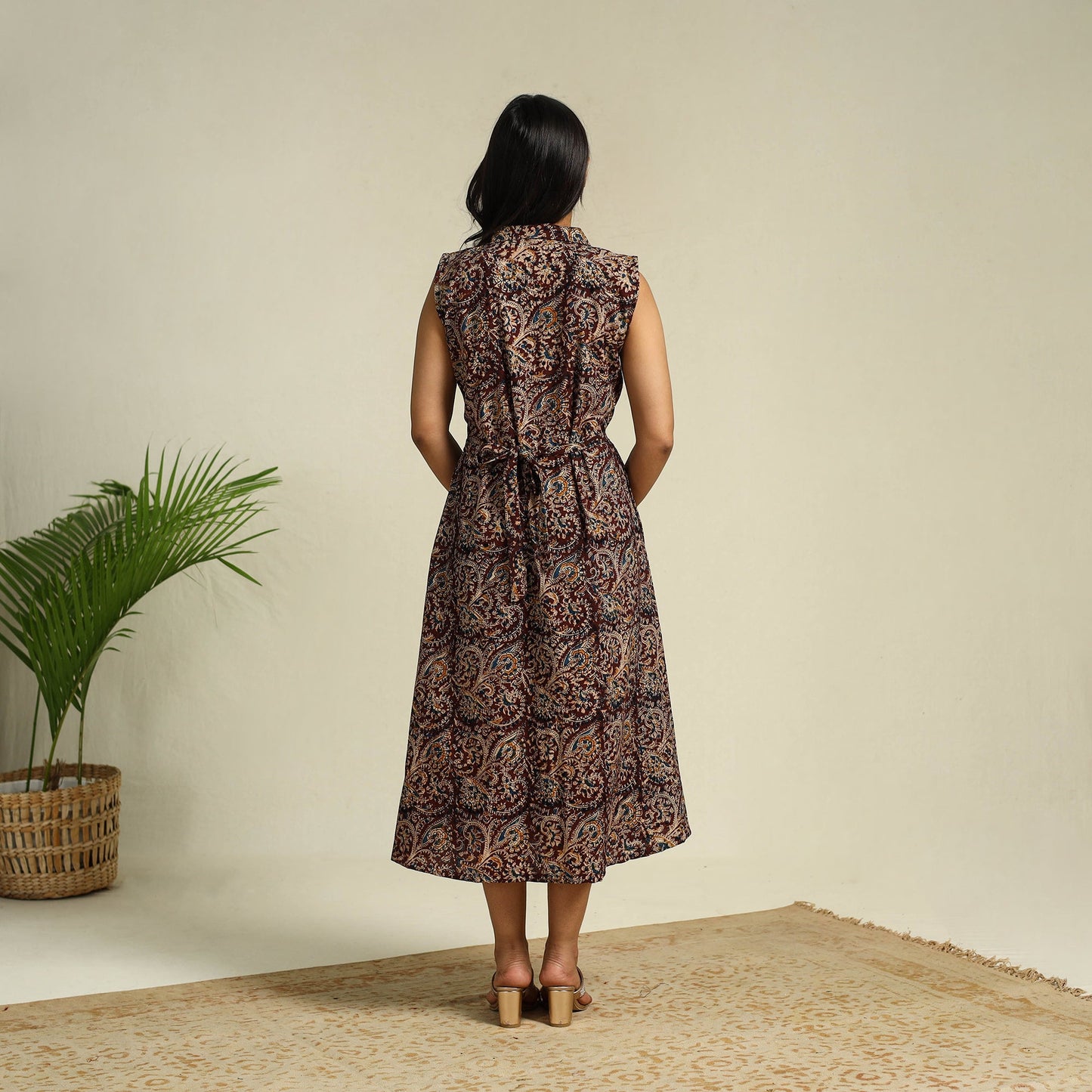 Brown Block Print Cotton Button Down Kalamkari Dress