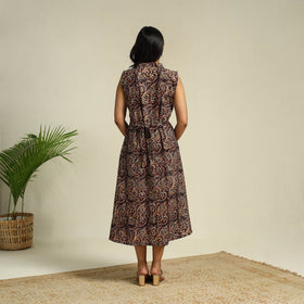 Brown Block Print Cotton Button Down Kalamkari Dress