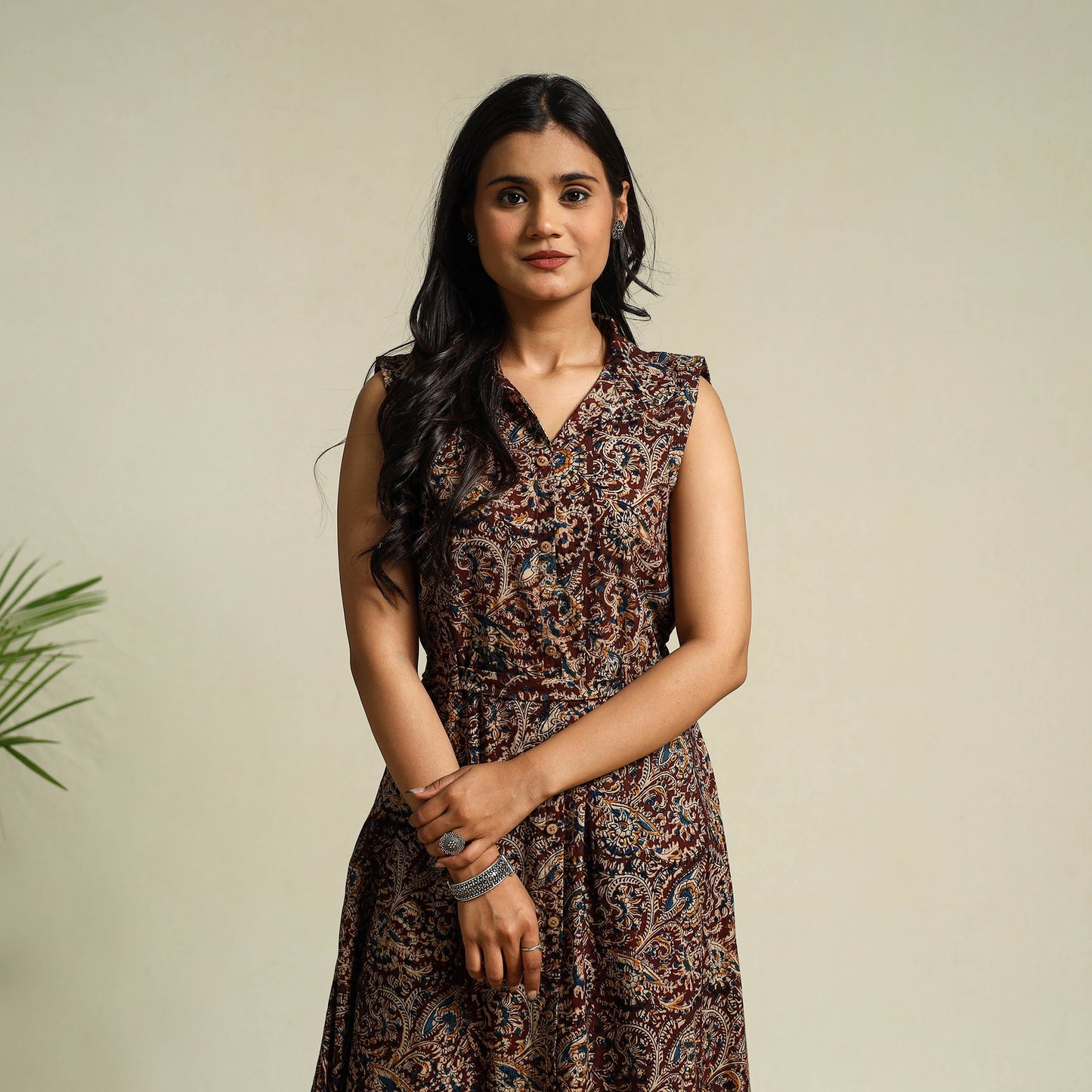 Brown Block Print Cotton Button Down Kalamkari Dress